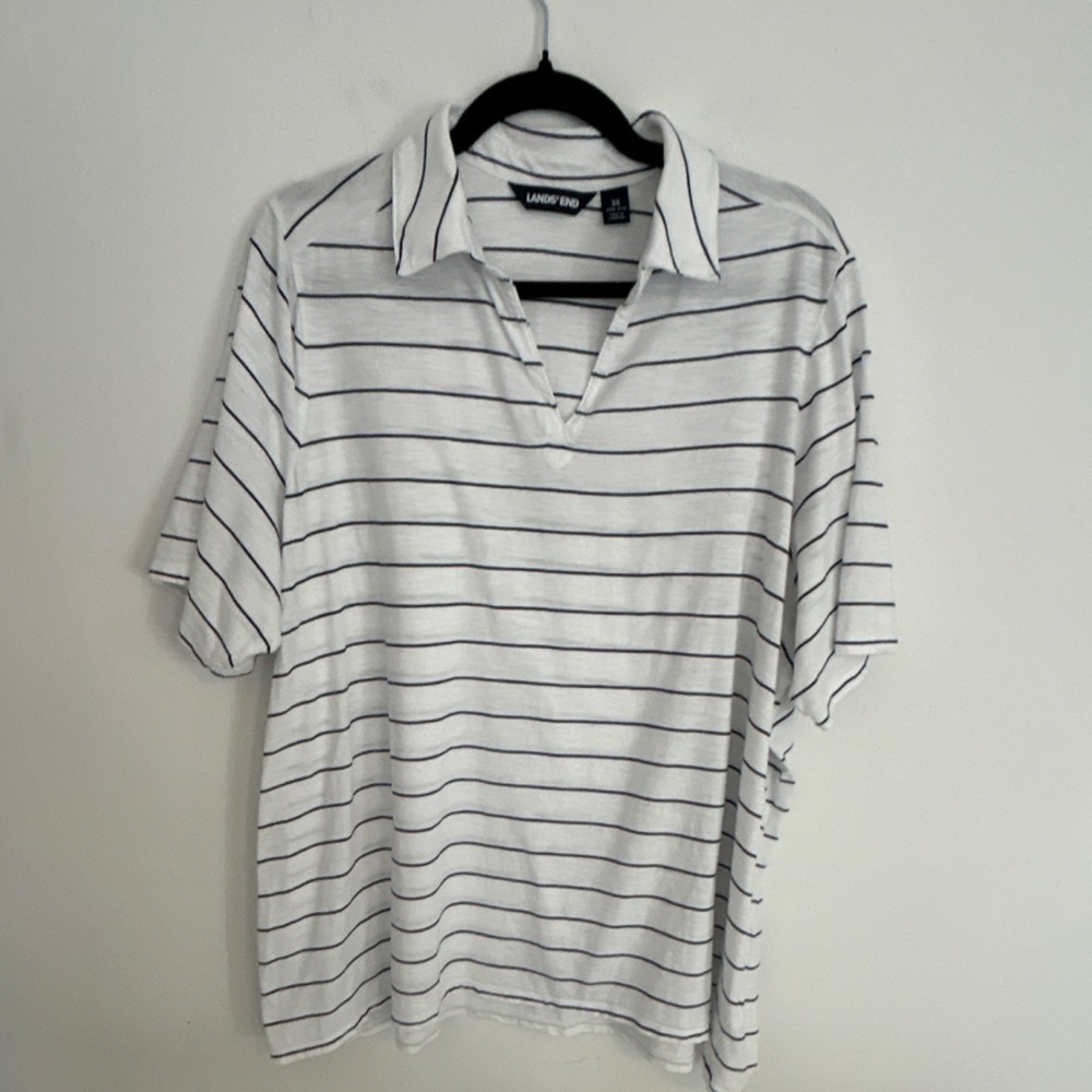 Lands' End Men's 3X Striped‎ Polo Shirt White Navy Short Sleeve Cotton Modal
